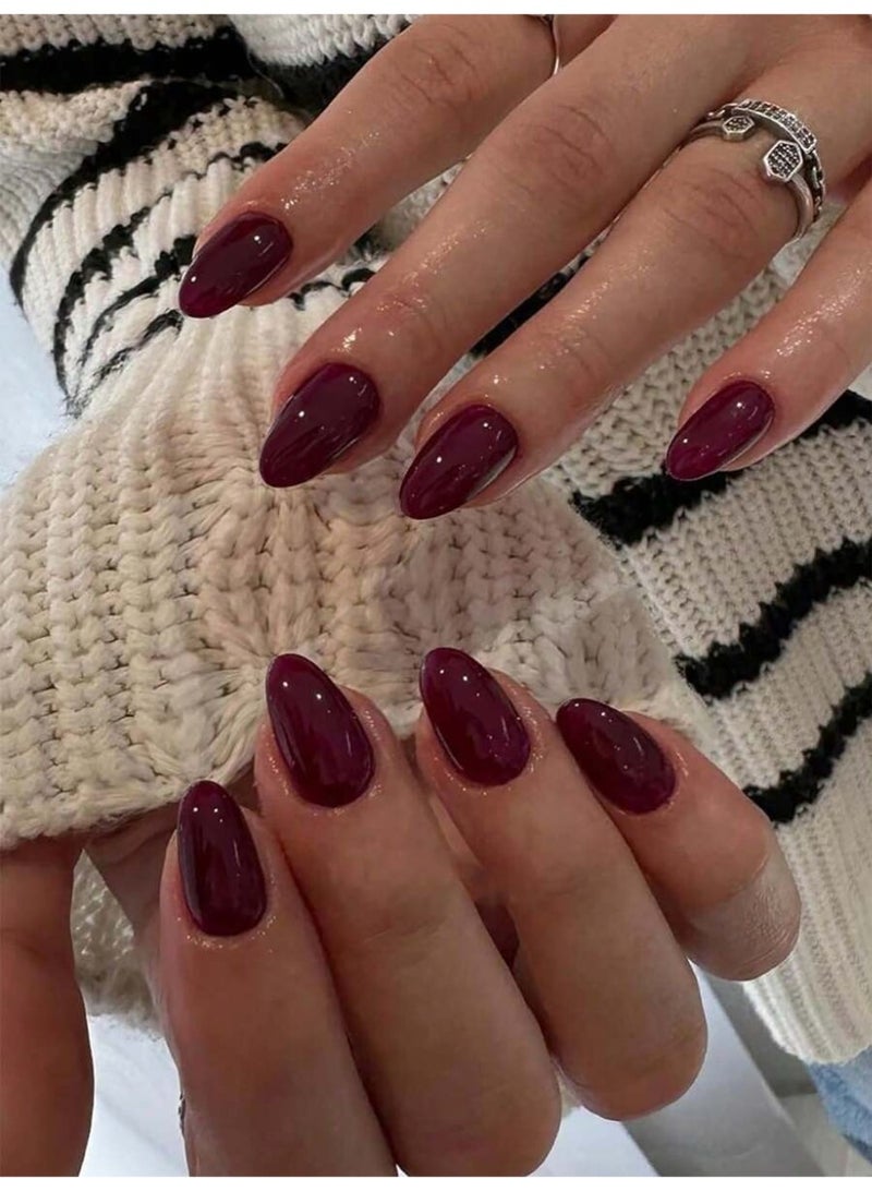 أظافر تركيب مزيفة طويلة بشكل لوزي لون أحمر لامع – 24 قطعة مع مبرد أظافر وملصقات لاصقة مناسبة للاستخدام اليومي والمناسبات - Image 1